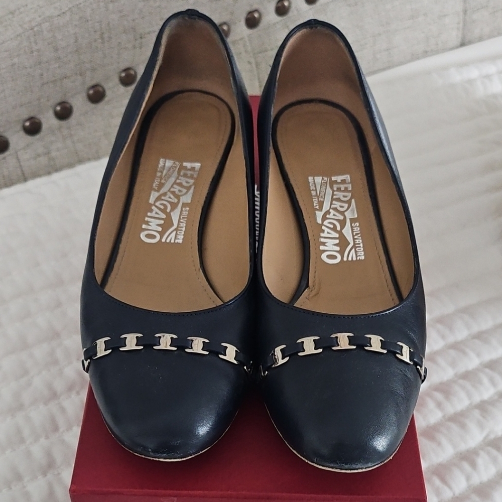 Salvatore Ferragamo Blue and Gold Flats with Classic Design